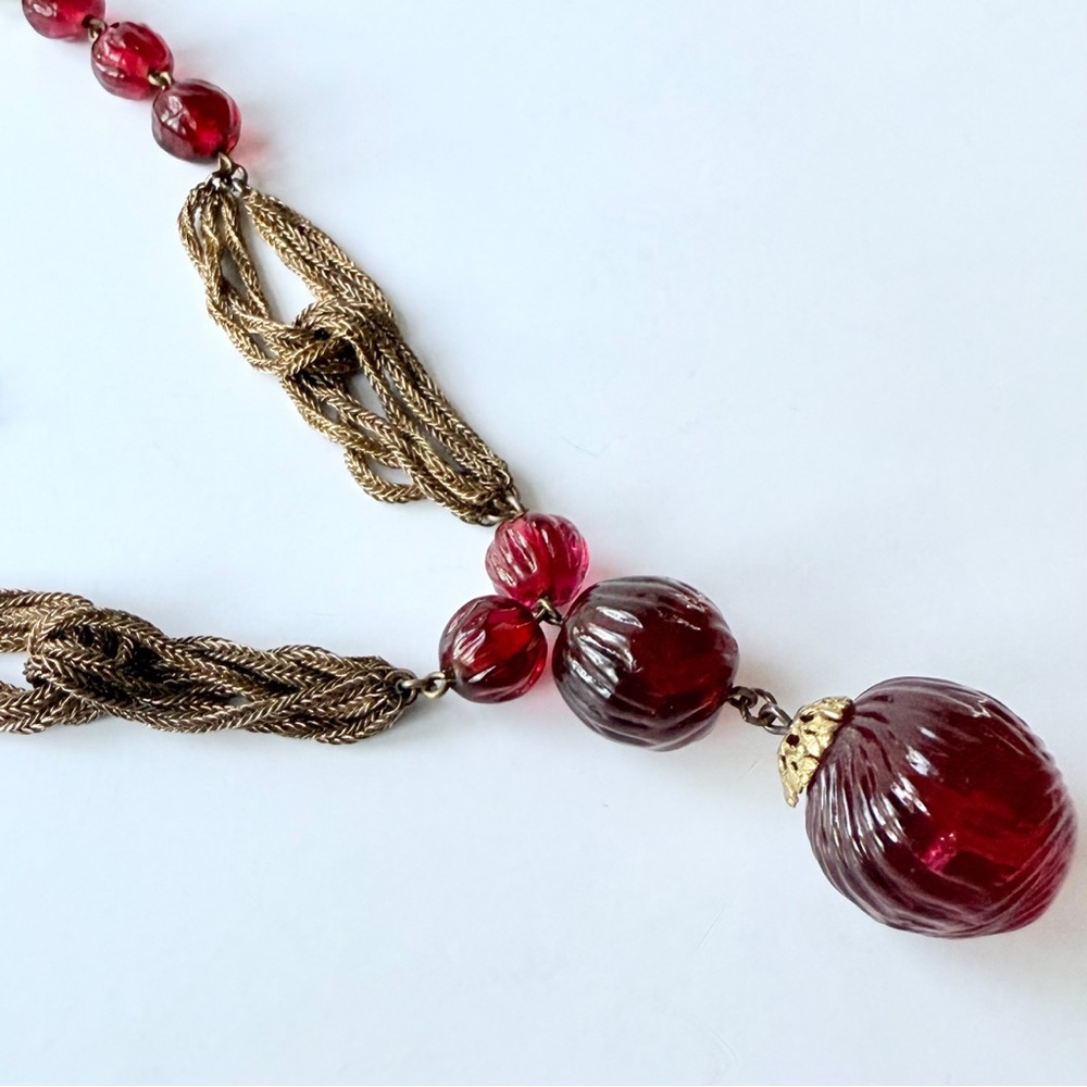 Vintage Louis Rousselet French Couture Red Glass Melon Bead Drop Chain Necklace - Picture 11 of 16